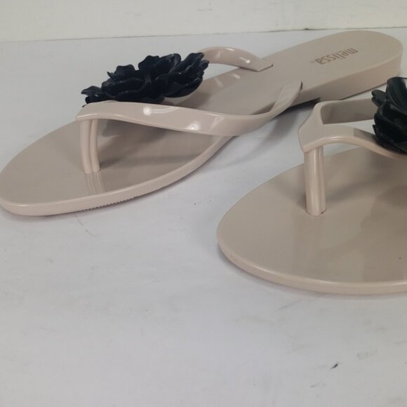 NEW MELISSA HARMONIC BLACK FLOWER BEIGE JELLY FLIP FLOP THONG SANDALS WOMEN'S 7 - Picture 7 of 15